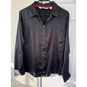 Isaac Mizrahi Selma Blair Black Satin Button Down Blouse Gold Buttons Size S
